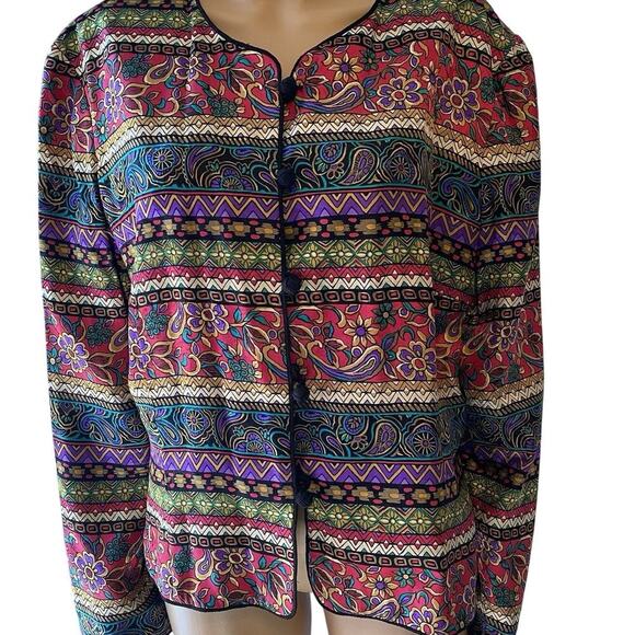 VTG Maggy London Sz 16 Silk Multicolor Floral Button Blazer Jacket Rockabilly - Picture 1 of 9